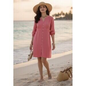 J.Jill Guava Linen Blend Button Front Midi Dress Sz 2X Coral 3/4 Sleeve NEW